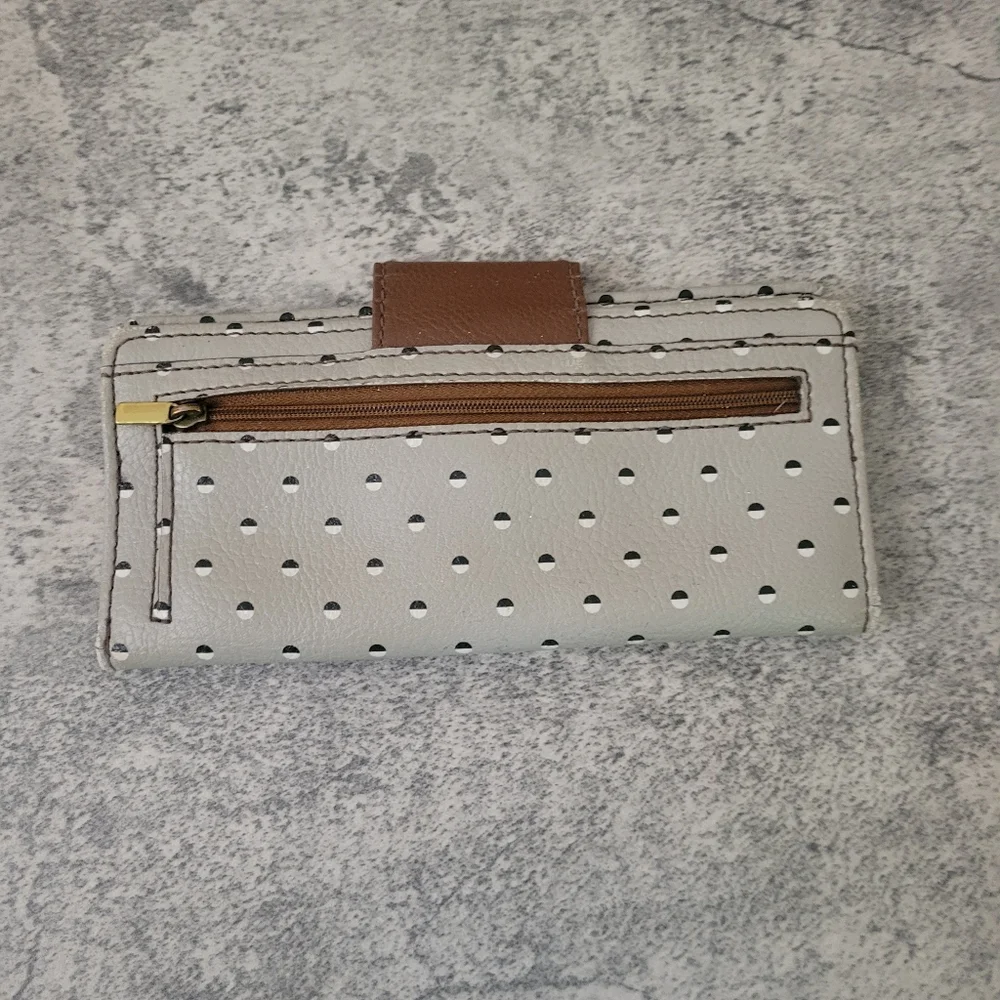 Fossil Eco Leather Wallet Gray Polka Dots Geometric Shapes Black White